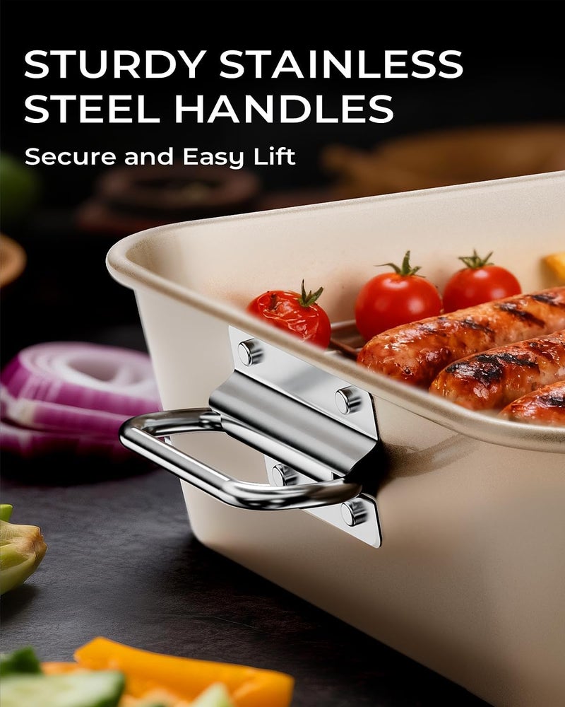 Armorbear Turkey Roasting Pan with Rack Non stick Carbon Steel Roaster 16x11 Inch, Dishwasher Safe, Deep Baking Broiler Pan for Oven Chicken, Bacon, Golden - Image 5